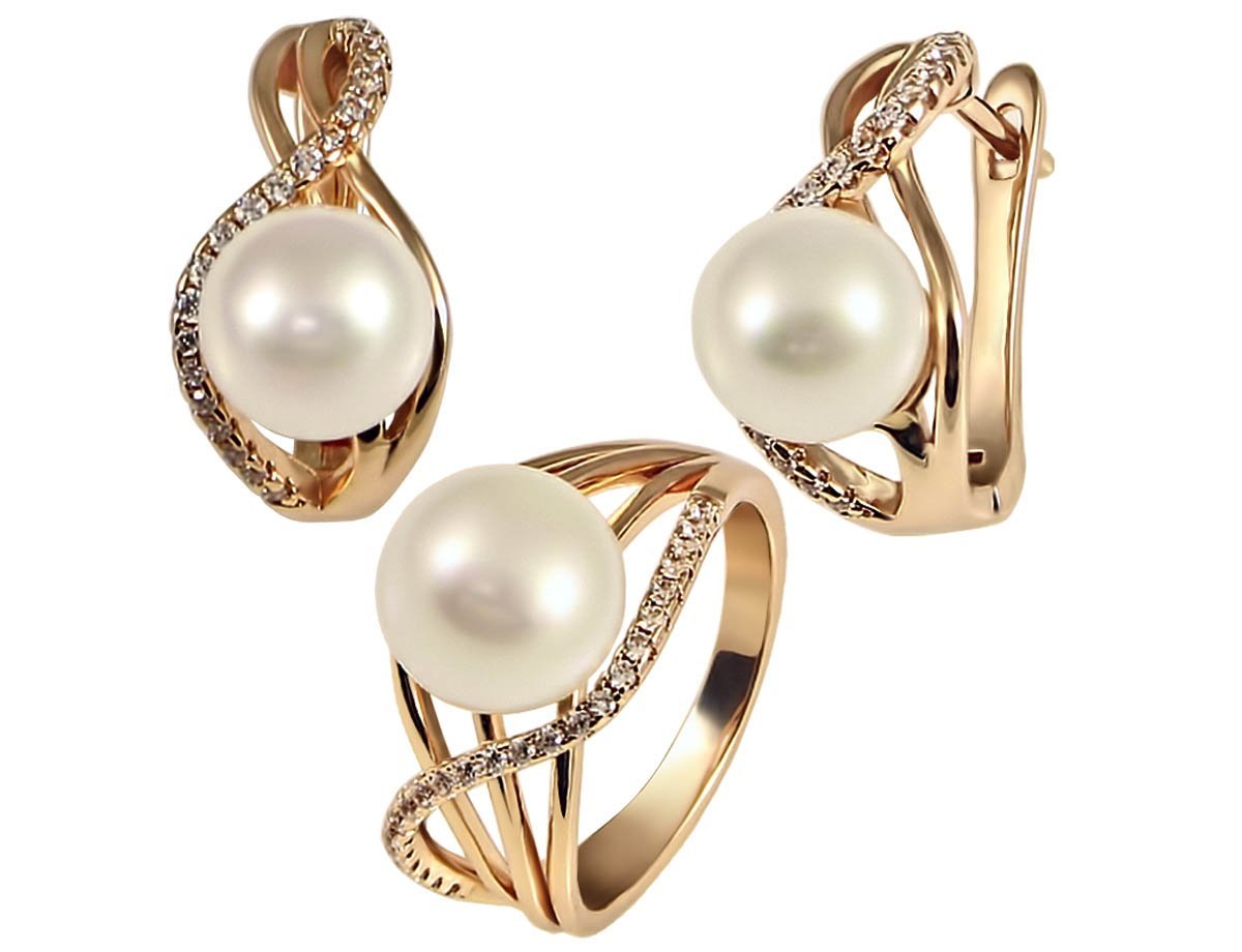 Комплект серьги и кольцо с жемчугом Wave -  купить в интернет-магазине Белый Барс - фото